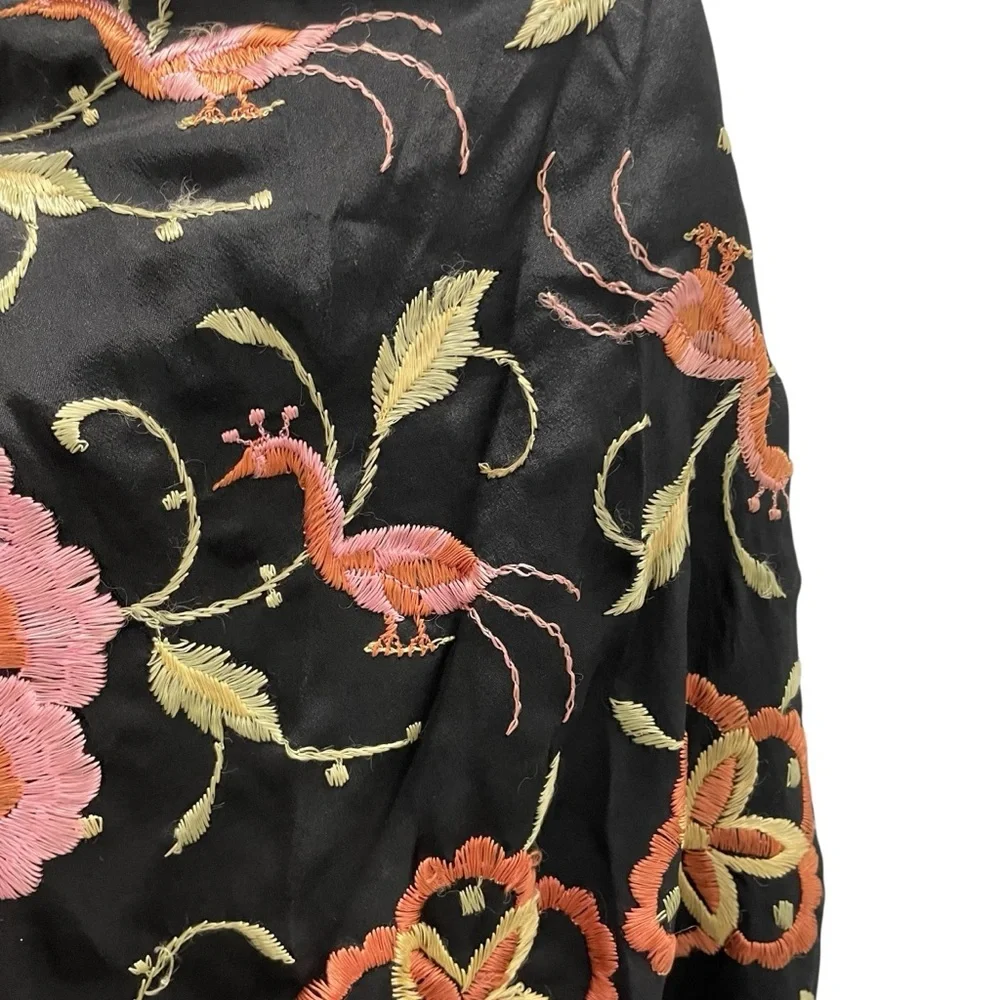 Large Floral Bird Embroidered Shawl Wrap With Tassles Black Pink Multicolored